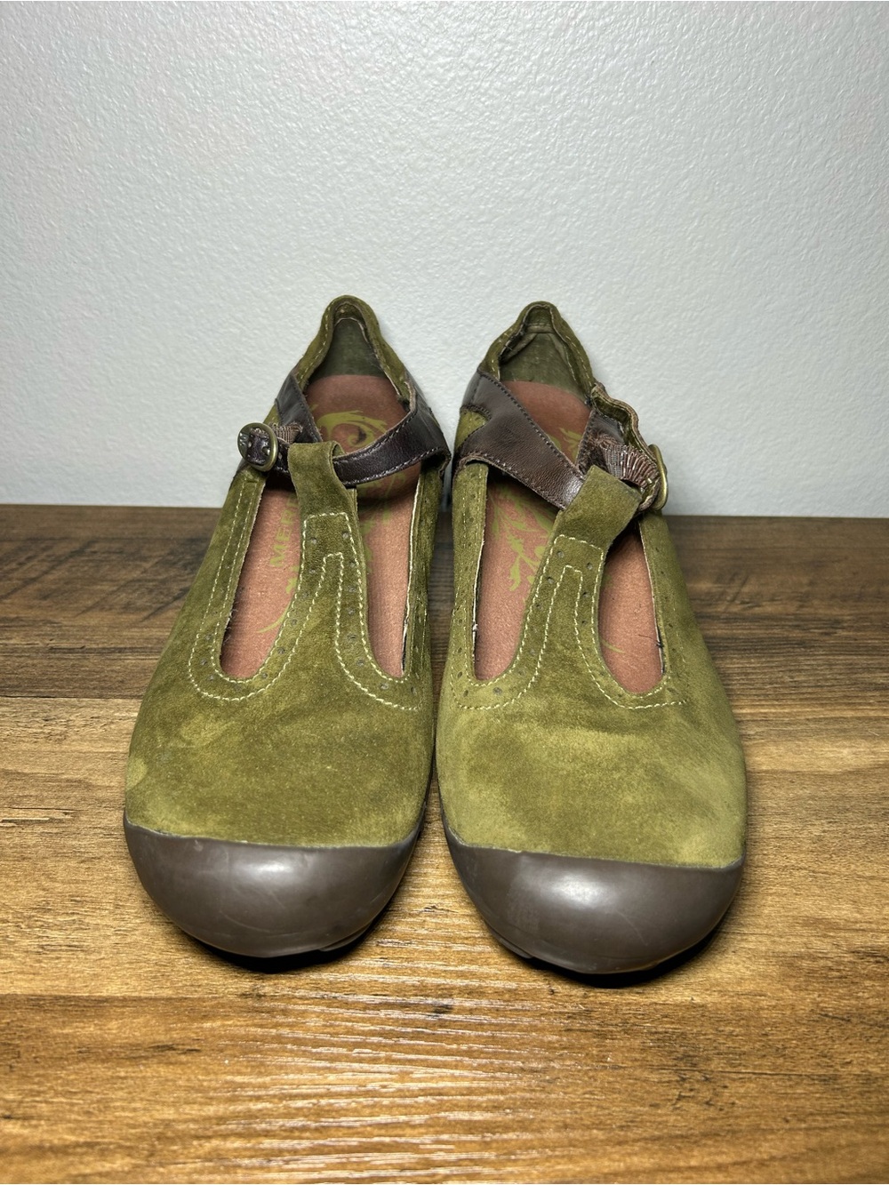 Merrell Olive Green Suede T-Strap Flats with Brown Accents